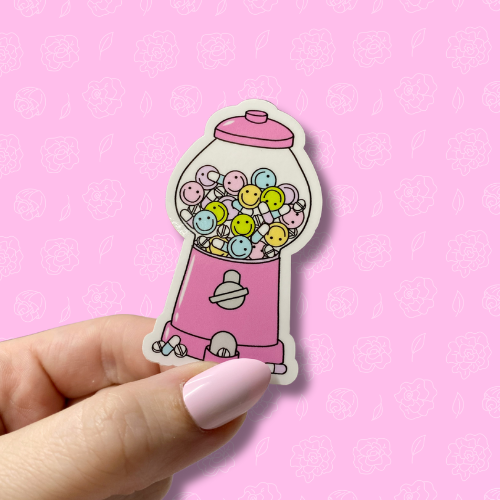 Happy pills gumball machine dark pink Sticker