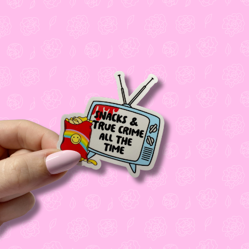 Snacks and true crime all the time Sticker